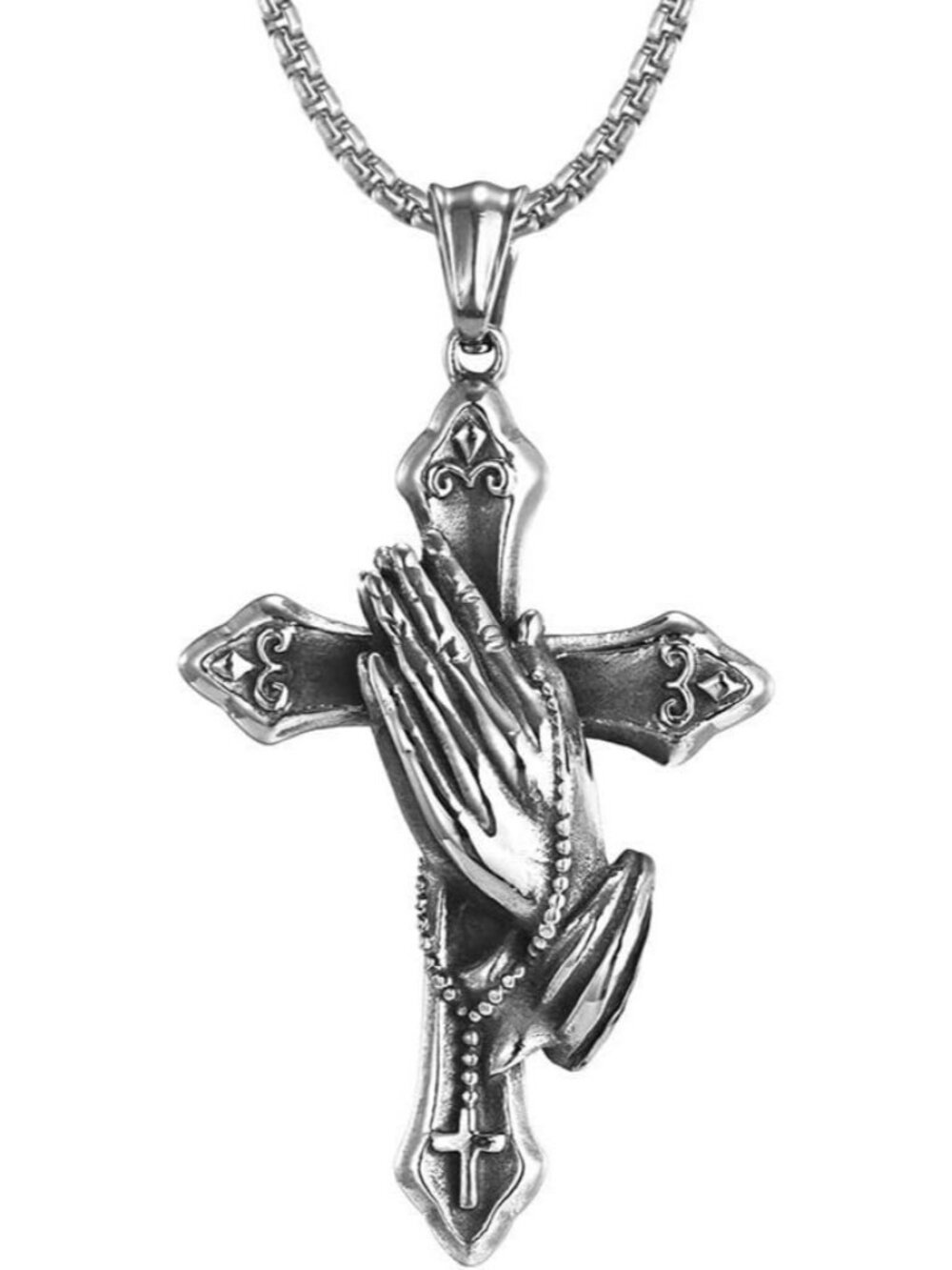 Men's Silver Stainless Steel Praying Hands Cross Pendant Religious Necklace